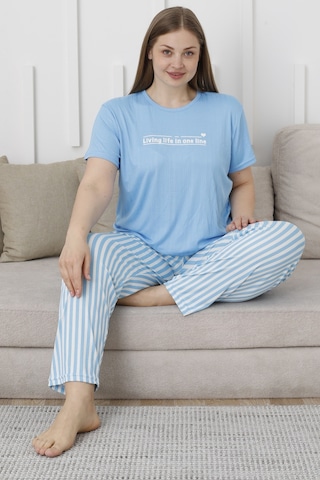 Wordex Mirano 3503 Çizgili Pijamalı Kısa Kollu Büyük Beden Pegasus Kumaş Kadın Pijama Takımı Mavi