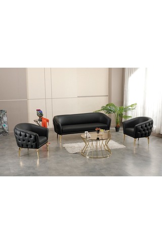 3 Kişilik Siyah Deri Gold Ayaklı Ofis Koltuk Takımı Ofis Kanepesi Makam Koltuk Takımı 3'lü Siyah