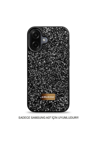Samsung A07 Uyumlu Kadife İç Yüzey Tasarımlı Taşlı Işıltılı Parlak Pırlanta Kılıf Dia Plus Siyah