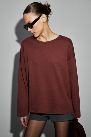ETHIQUET NEAT Kadın Organik Pamuklu Bisiklet Yaka Oversize Fit Uzun Kollu Kiremit Rengi T-Shirt