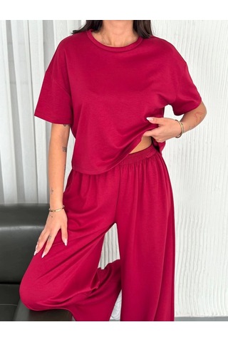 Tam12den Osy Modal Yumuşak Dokulu Kumaş Bisiklet Yaka T-shirt Bol Paça Pantalon İkili Takım -bordo Bordo