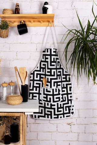 Sıvı Geçirmez Mutfak Önlüğü Sünger Dolgulu Çift Hazneli Cepli Modelsiyah Labirent