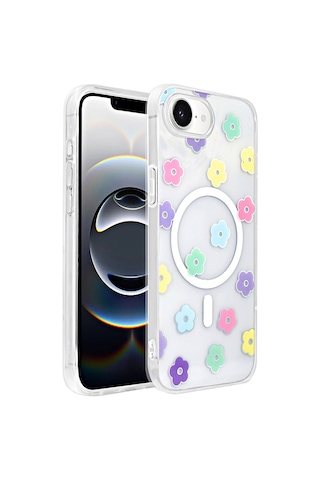 Thegencoo Apple Uyumlu iPhone 16e Kılıf M-safe Şarj Özellikli Şeffaf Zore Folk Sert Kapak - Sevimli Köpek Beyaz