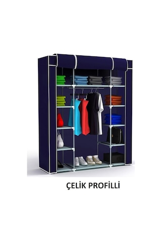 Beyazpazar Metal Profilli Bez Dolap Gardırop Portatif Dolap Lacivert
