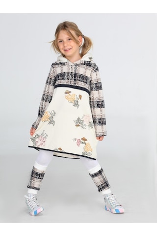 Ekose Baskılı Hoodie Kız Elbise + Tozluk Takım-gri Gri