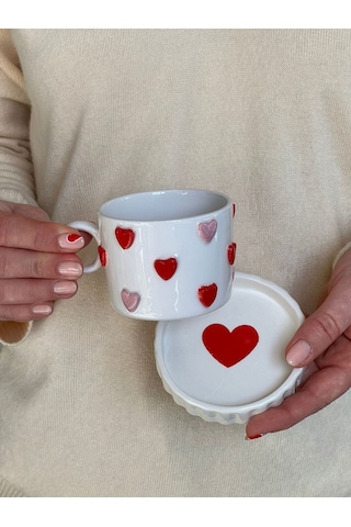 Meggdecor Pembe Kırmızı Kalpli Kupa Mug