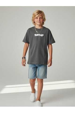 Zekids Erkek Çocuk Pamuklu Sırt Baskılı Kısa Kollu Tasarım T-shirt-16866 Gri