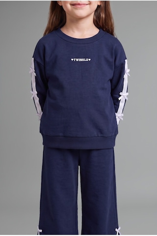 Defacto %100 Pamuk Fiyonk Detaylı Baskılı Basic Sweatshirt Üst Geniş Kesim Alt 2li Takım Kız Bebek I3660a526aunv247 Lacivert-nv247