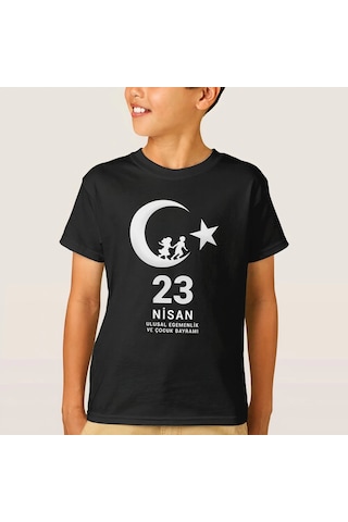 Wear Vexel Çocuk 23 Nisan Ulusal Egemenlik Ve Çocuk Bayramı Baskılı Bisiklet Yaka T-shirt - Siyah Çok Renkli