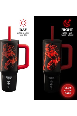 Lexroo Stranger Things Saplı Termos Bardak Pipetli Kapak - Karanlıkta Parlayan - 900 Ml Çok Renkli