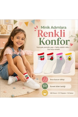 Womanandkids Wak Kız Çocuk Pamuklu 8'li Meyve Desenli Çorap Kiraz Karpuz Çilek Avokado Günlük Bilek Çorabı Çok Renkli