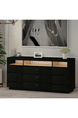 K003 Asil Led Işıklı, Dolaplı Ve Çekmeceli Konsol Ahşap Siyah Ahşap Siyah