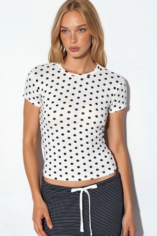 Hiccup Bdart Kadın Puantiyeli Slim Fit Bisiklet Yaka Tişört Tozlu Beyaz