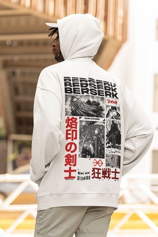 Sevbano Berserk Baskılı Unisex Oversize Anime Hoodie Beyaz