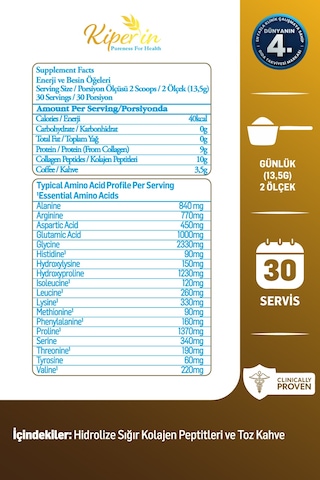 Kiperin Coffee Collagen Kahveli Çift Hidrolize %100 Saf Ve Doğal Toz Kolajen Peptitler 30 Günlük