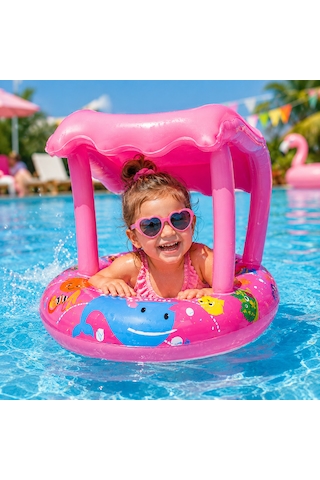 Gölgelikli Bebek Deniz Simidi Pembe 61 Cm Güneş Korumalı Şişme Bebek Simidi