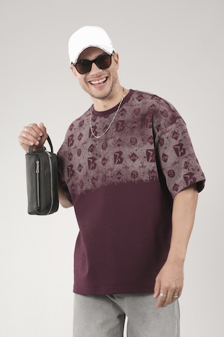 King-Brich Oversize Kalıp Logo Baskılı Bisiklet Yaka Basic Tişört Bordo