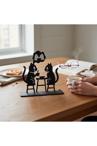 Kedi Figürlü Metal Masaüstü Dekor Kahve Sohbeti Tasarım Obje