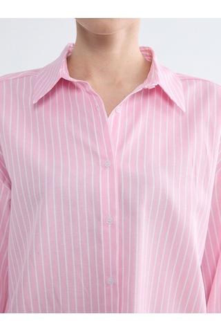 Lcw Modest Pembe Çizgili Poplin Kadın Gömlek