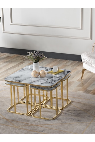 Pelikan 4+1 Beyaz Mermer Temperli Cam Gold Metal Ayak Takım Sehpa Sedaş Living Units Sehpa