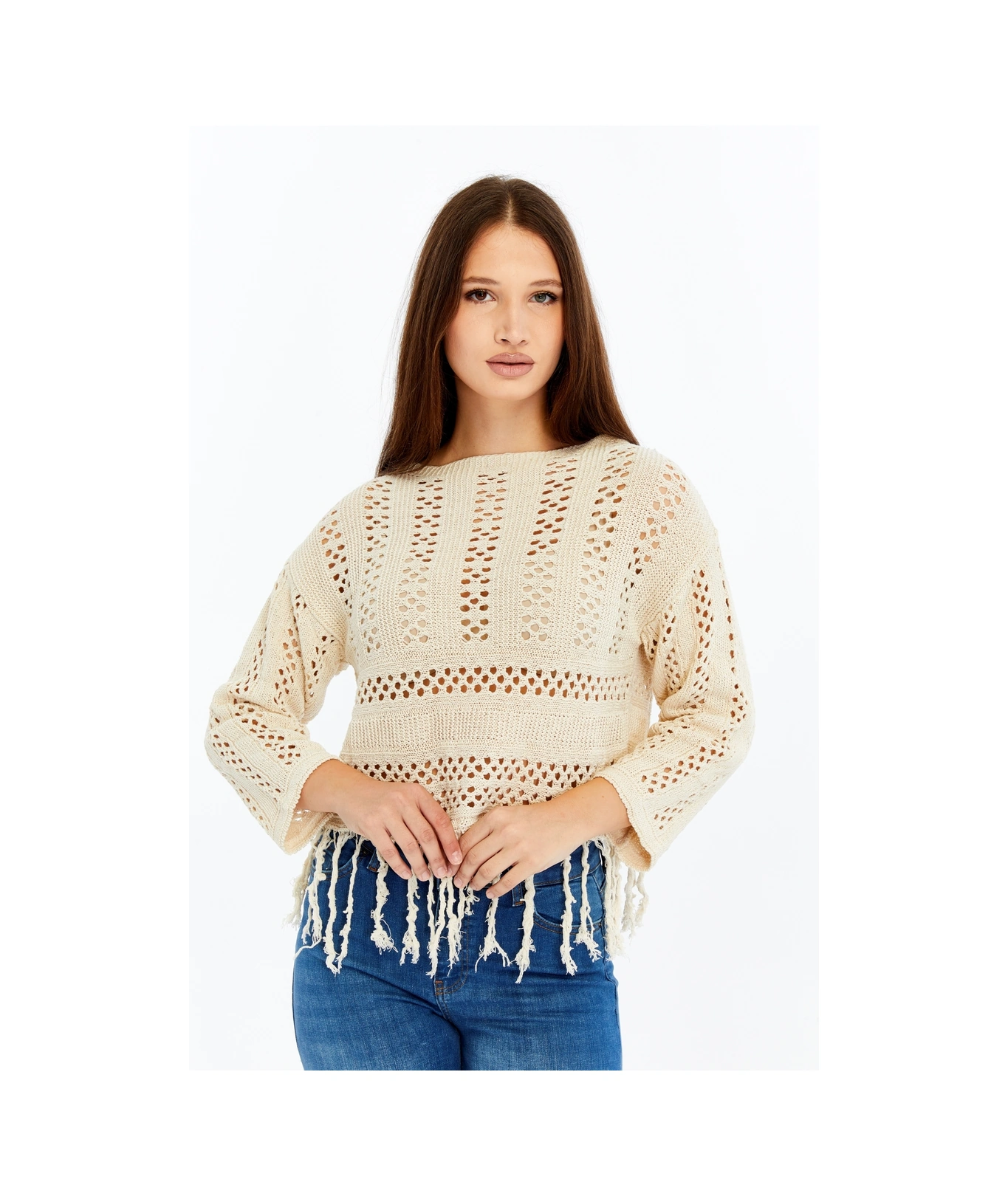 Kadın Örgü Bohem Püsküllü Crop Bluz Bej Delikli Yazlık Triko Üst Beyaz