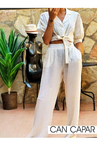 Kadın Beyaz Bağlamalı Bluz Ve Yüksel Bel Pantolon Beyaz