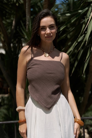 Mai Collection Mai Studios Co. Kita Üçgen Detay Çizgili Kahve Keten Crop Kahve