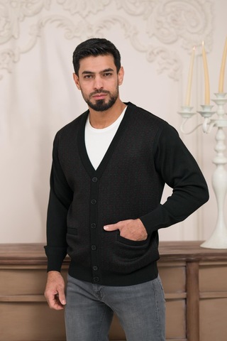 Woolen World Regular Fit V Yaka Ön Cepli Desenli Triko Hırka Siyah