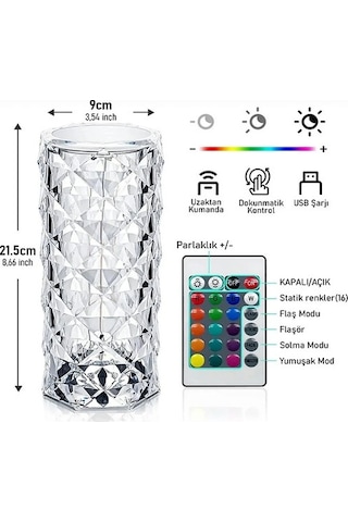 Kristal Elmas Led Dokunmatik Şarjlı Kumandalı Masa Lambası Rgb Diğer