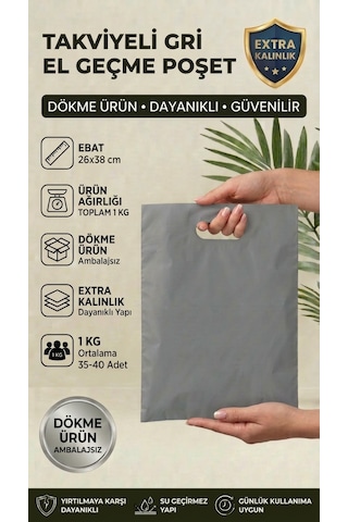 26x38 Gri Takviyeli El Geçme Poşet 1kg