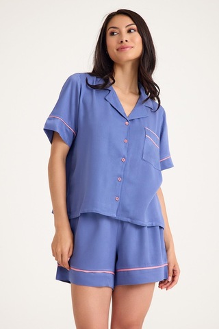 Dream Gri Mavi Viskon Kısa Kollu Şortlu Önden Düğmeli Pijama Takım Mavi