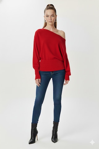 Fiolin Omuzu Açık Off Shoulder Triko Kazak Kırmızı