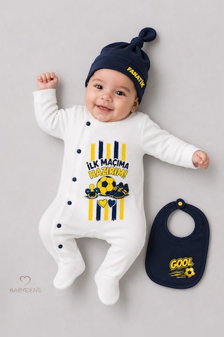 Babyden's Bebek 3 Lü Tulum Seti Sarı Lacivert Taraftar Temalı İlk Maçıma Hazırım Baskılı Yenidoğan Tulum Bere Önlük %100 Pamuk