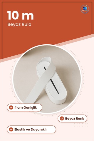 Yassı Paça Lastik Dekoratif Şerit 4 Cm Beyaz 10 M Rulo Dikiş Terz
