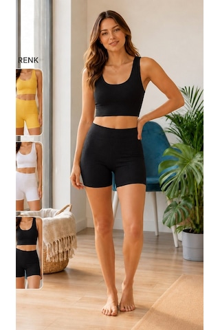 Suısy Pulse Fitilli Crop Atlet Ve Biker Şort Takımı Siyah