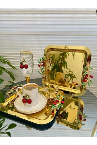 Atabey Home Collection 6'lı Kahve & Çay & Sunum Tepsisi Gold Tepsi Zeytin Dali & Kiraz Modele Uyumlu