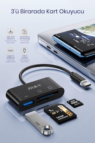 Type-c 3ü 1 Arada Kart Okuyucu Hub, Sd Microsd Tf Kart Ve Usb 2.0 Girişli Otg Adaptör, Apple Macbook Uyumlu Telefon Pc , Fotoğraf Video Dosya Aktarımı, Tak Çalıştır D408