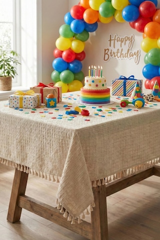 Organizasyon Monika Püsküllü Masa Örtüsü - Baby Shower, Doğum Günü, Nişan Bohem Vintage Buldan Örtü Bej