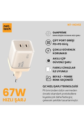 Nettech Nt-hch12 Pd+qc Ganprime 67w Şarj Aleti Pembe