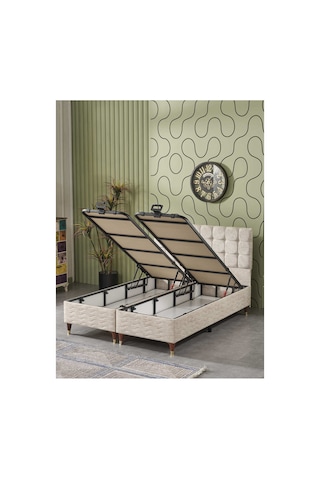 Beehanem Bengü Büyük Boy Çift Kişilik Başlık + Yatak + Baza Seti 160x200 Krem Sandıklı Premium 3'lü Çift Kişilik 160 x 200