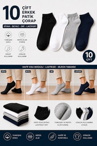 Hitit Socks 10 Çift Erkek Patik Çorap 40-45 Numara Siyah Beya... Çok Renkli
