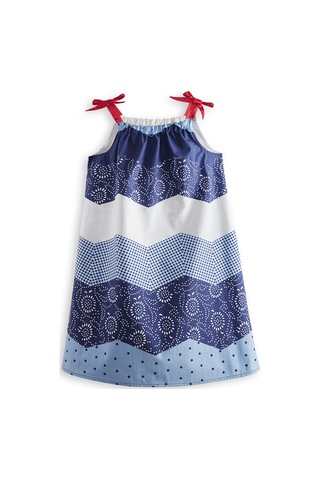 Denokids Lacivert Beyaz Desenli Poplin Kız Çocuk Elbise Renkli Çok Renkli