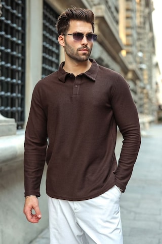 Madmext Acı Kahve Gömlek Yaka Dokulu Regular Fit Erkek Sweatshirt E7203 Acı Kahverengi