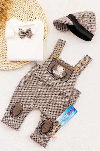 Vintage Desenli Şapkalı Erkek Bebek Tulum Salopet Takım 001