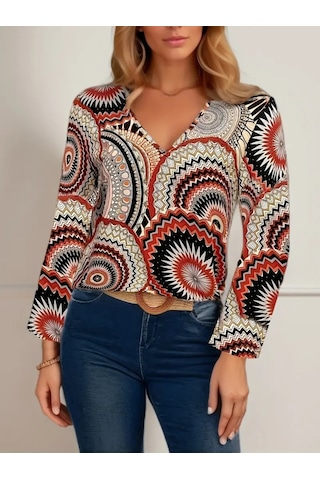 Nnstartshopping Kadın Uzun Kollu V Yakalı Desenli Süprem Bluz Desenli