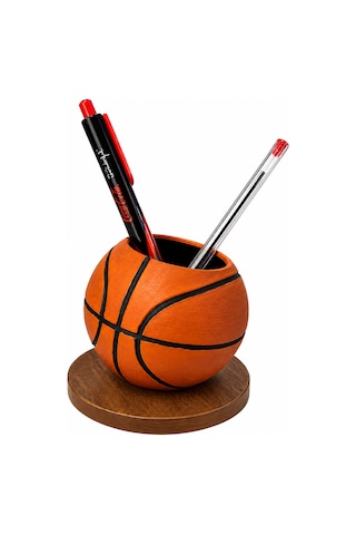 Basketbol Topu Tasarım Kalemlik 10 Cm Standlı Dekoratif Masaüstü Organizer Kalem Tutucu Siyah - Beyaz