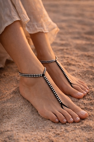 Boncuk Detaylı Halhal Çift Ayak Takısı Barefoot Sandal Siyah