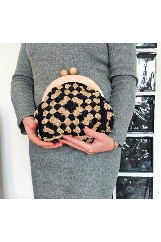 Ahşap Burslu Süet Siyah Çanta , Siyah Camel Clutch, El Yapımı Çanta Siyah Süet