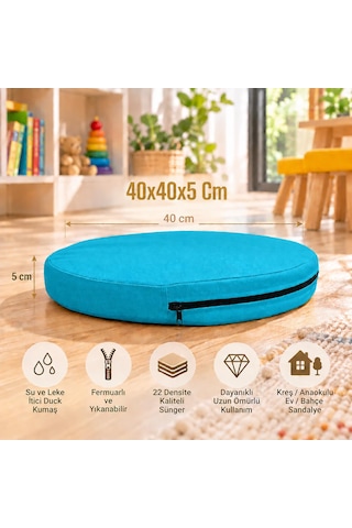 Kreş Anaokulu Yuvarlak Oyun Minderi Aktivite Minderi 40x40x5 Cm - Sandalye Minderi - Bahçe Dekor Minderi Yuvarlak Minder Turkuaz