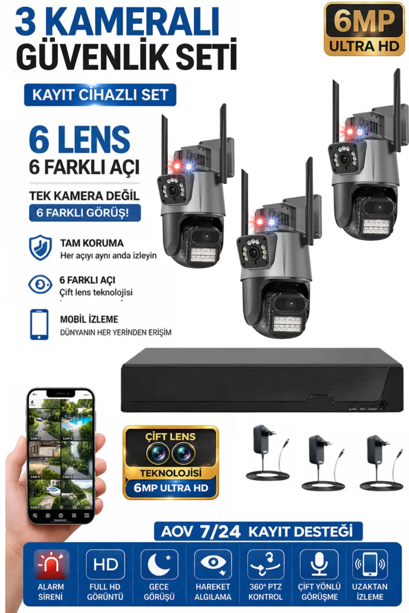 Xpro 3 Kamera 6 Lens Kablosuz Wifi Güvenlik Kamerası Seti Nvr Kayıt Cihazı Gece Görüşlü Ip Kamera Seti 16335764